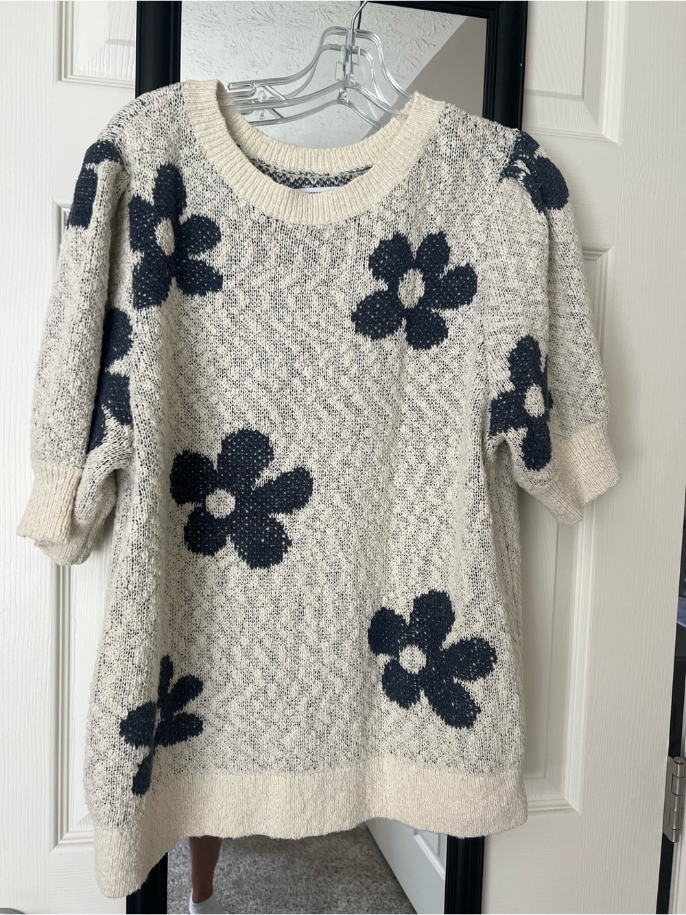 Sonoma Cream Knit Pullover with Navy Floral Motif